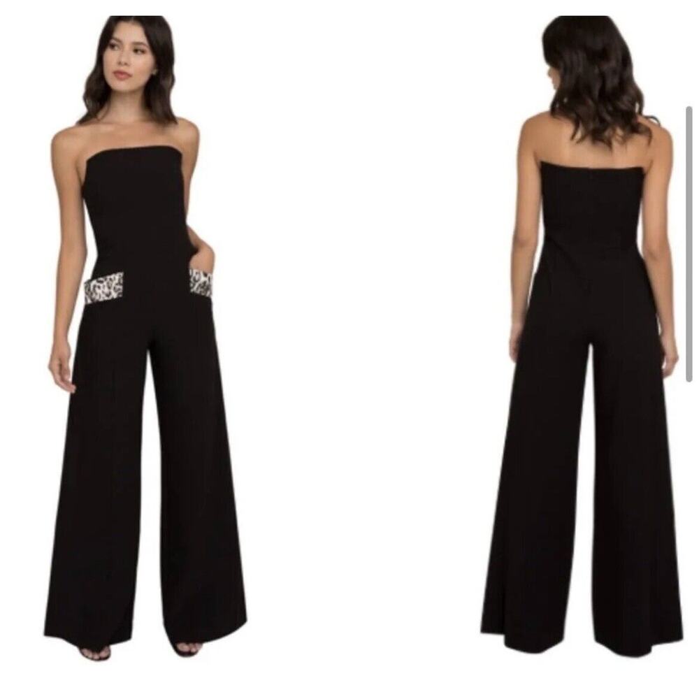 Black Halo Eve Carmine Black Strapless Jumpsuit Wide Legs Leopard‎ Pockets Sz 14
